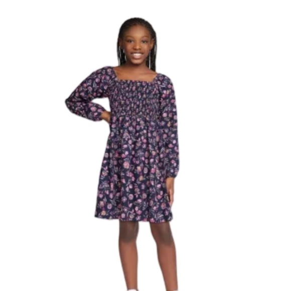 Gap Kids Girls Navy Long Sleeve Smocked Floral Dress NWT Size XL 14/16 - Picture 1 of 9